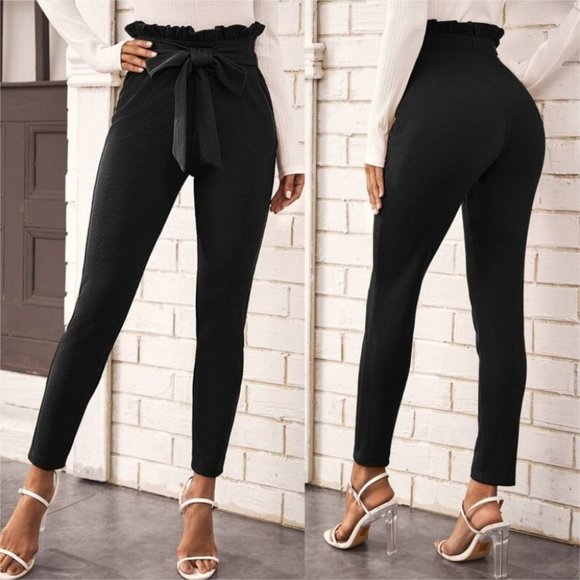 Pants - Work Chic Black belted skinny Paper bag pants